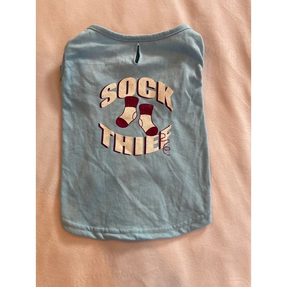 Sock Thief Pet T-Shirt Light Blue Graphic Dog Tee Leash Hole Size Small